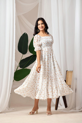 shiv creation Women Fit and Flare White Maxi/Full Length Dress