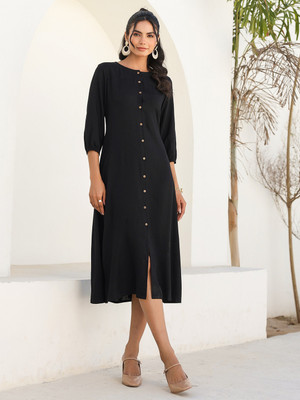 Janasya Women A-line Black Midi/Calf Length Dress