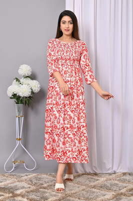 VYMO Women A-line Red, White Maxi/Full Length Dress