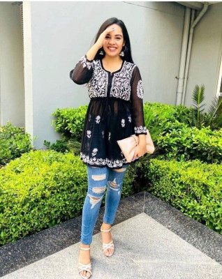 KRULRIN Women Fit and Flare Black Above Knee/Mid Thigh Length Dress