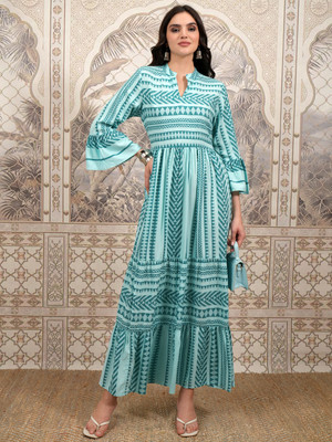 Vishudh Women Maxi Green, White Ankle Length Dress