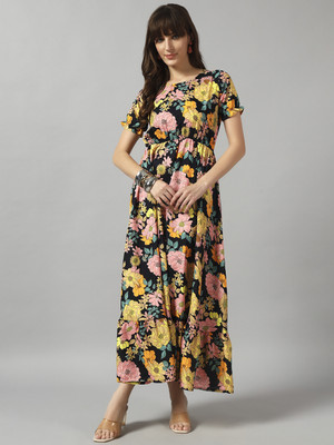 Jash Creation Women Fit and Flare Yellow Maxi/Full Length Dress