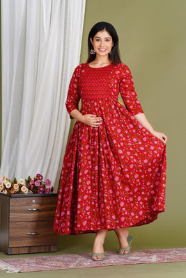 vijay garments Women Fit and Flare Red Midi/Calf Length Dress
