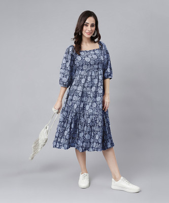 Janasya Women Fit and Flare Blue Midi/Calf Length Dress