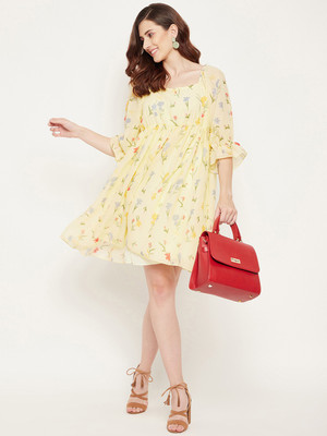 BITTERLIME Women Fit and Flare Yellow Above Knee/Mid Thigh Length Dress