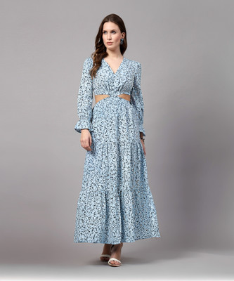 AAYU Women Fit and Flare Light Blue, Dark Blue, White Maxi/Full Length Dress