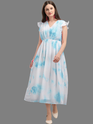 Vaani Creation Women Fit and Flare Blue, White Maxi/Full Length Dress