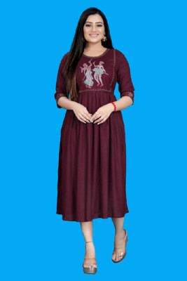Opera Fashion Women Fit and Flare Maroon Below Knee Dress