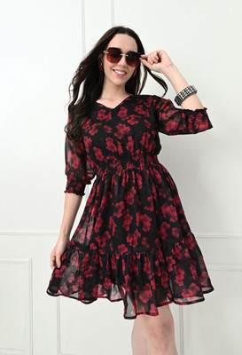 HouseOfCommon Women Fit and Flare Black, Red Above Knee/Mid Thigh Length Dress