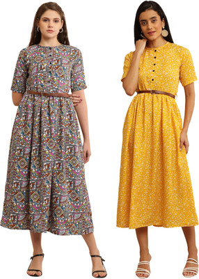 Mamnoon Women Fit and Flare Multicolor Midi/Calf Length Dress