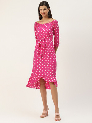 BRINNS Women Asymmetric Pink, White Knee Length Dress