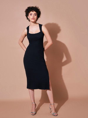 SASSAFRAS Women Bodycon Black Midi/Calf Length Dress