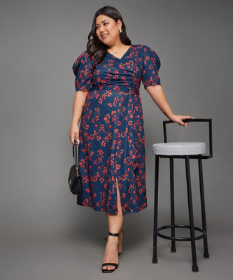 Miss Chase Women Wrap Dark Blue, Pink Midi/Calf Length Dress