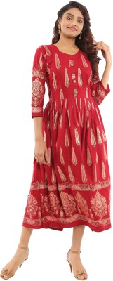 V-MART Women Fit and Flare Beige, Red Dress