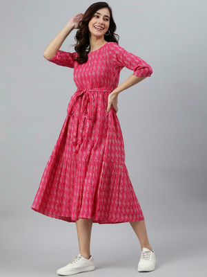 Kharoliya Women Fit and Flare Pink Midi/Calf Length Dress