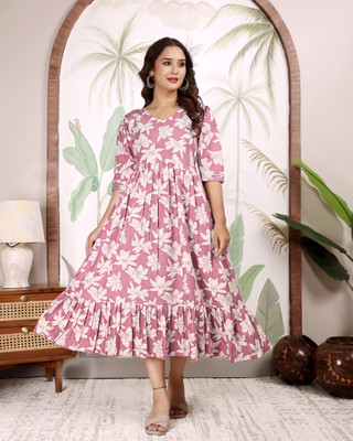 FlageFerray Women A-line Pink Midi/Calf Length Dress