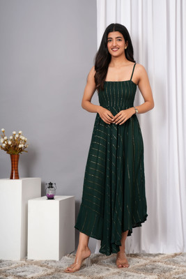VYMO Women Fit and Flare Dark Green Ankle Length Dress
