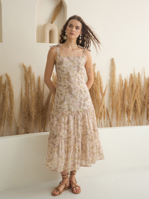 Sanskrutihomes Women A-line Beige Midi/Calf Length Dress