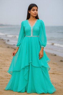 maanya Women Fit and Flare Light Blue Maxi/Full Length Dress