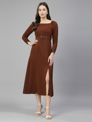 AAYU Women A-line Brown Midi/Calf Length Dress