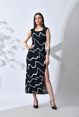 ZEUGEN Women Bodycon Black, White Midi/Calf Length Dress