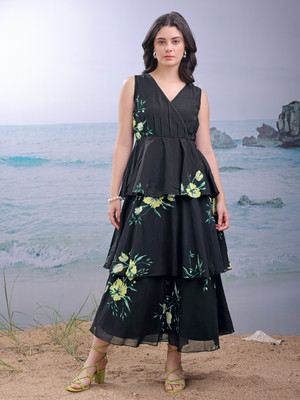PURVAJA Women Ruffled Black Maxi/Full Length Dress