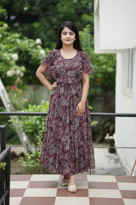 Zanies Women Maxi Maroon Knee Length Dress