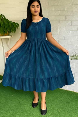 RKK Collection Women Fit and Flare Blue Below Knee Dress