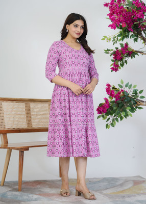 SSS OVERSEAS Women Gathered Pink Below Knee Dress