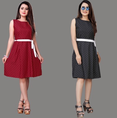 tanvi creation Women Fit and Flare Maroon, Black, White Dress