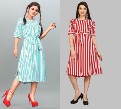 maruti fab Women Fit and Flare Light Blue, Red Dress