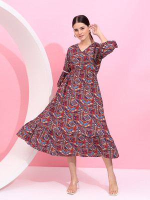 Fbella Women Fit and Flare Maroon Midi/Calf Length Dress
