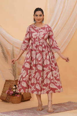 HARIOMCOLLECTIO Women Floral Print Gown Kurta(Maroon, Beige)