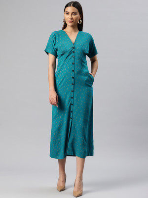 Cottinfab Women A-line Blue, Gold Midi/Calf Length Dress