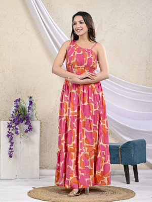 SATHRAY Women Fit and Flare Pink Maxi/Full Length Dress