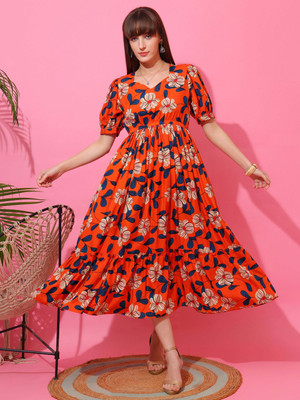 Sheetal Associates Women Fit and Flare Orange, Blue Midi/Calf Length Dress