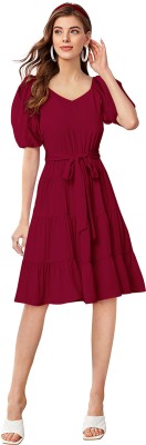 Aihole Women Fit and Flare Maroon Dress