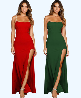 Clafoutis Women Bodycon Red, Green Maxi/Full Length Dress
