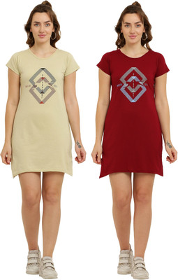 HouseOfCommon Women T Shirt Beige, Maroon Above Knee/Mid Thigh Length Dress