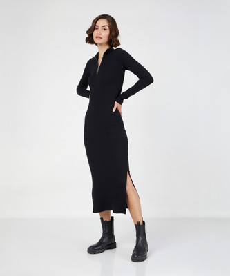 SASSAFRAS Women Bodycon Black Midi/Calf Length Dress