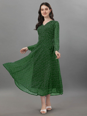 Fashion2wear Women A-line Green, White Midi/Calf Length Dress