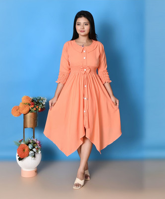 Sk style Women A-line Orange Midi/Calf Length Dress
