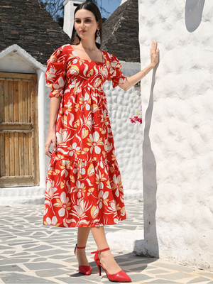 Clory fashion Women Fit and Flare Red, White Midi/Calf Length Dress