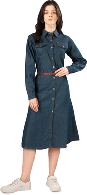 Achyutaya Fashion Women A-line Blue Below Knee Dress