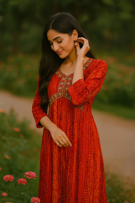 Orange Paper Women A-line Red Maxi/Full Length Dress