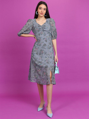 Tokyo Talkies Women A-line Grey Midi/Calf Length Dress