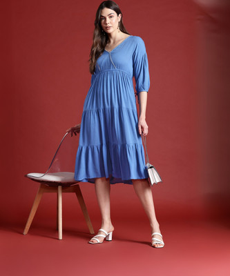 all about you Women A-line Light Blue Midi/Calf Length Dress