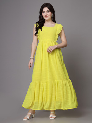 AAYU Women Fit and Flare Yellow Midi/Calf Length Dress