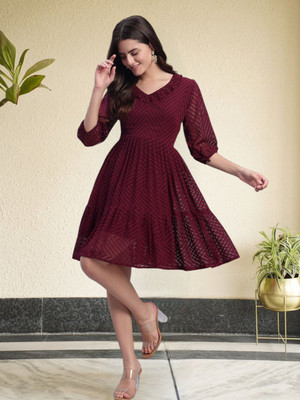 Felopie Women Fit and Flare Purple Knee Length Dress