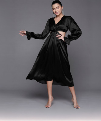 SASSAFRAS Women A-line Black Midi/Calf Length Dress